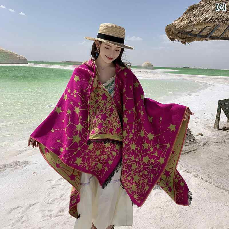 樂天商城 - ショール レディース 星柄 フード付き ポンチョ ケープ ストール 旅行 観光 アウトドア 冷房対策 防寒 保温 体型カバー 軽量 やわらか素材 ゆったり ボヘミアン エスニック 羽織り
