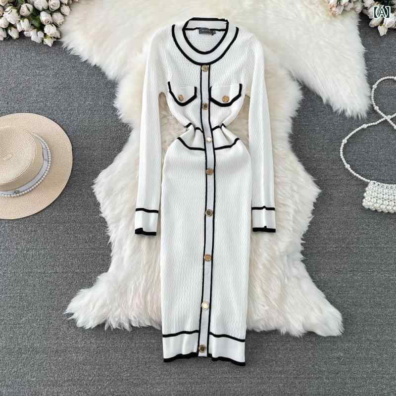 ワンピース レディース 秋冬 フレンチ レトロ ストリート 配色切り替え 長袖 ラウンドネック ウエストシェイプ 細見え ミディ丈 ニット タイト 麻 キャメル ドレス ホワイト ブラック