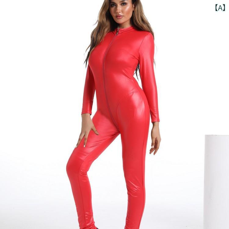コスチューム レディース 光沢 エナメル フェイクレザー ボディスーツ セクシー ランジェリー ポールダ..
