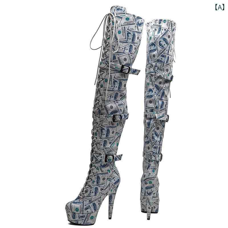 ブーツ レディース 15cm ドル札柄 ニーハイブーツ ピンヒール ラウンドトゥ サイドジップ 合成皮革 美脚効果 セクシー ポールダンス ス..