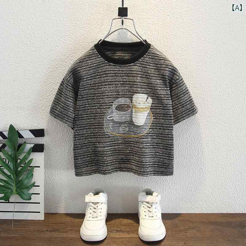 ・カテゴリ: 子供用Tシャツ・性別: 男児・スタイル: 韓国風・フード: なし・袖丈: 半袖・対象年齢: 中小童（3〜8歳、100〜140cm）・生地加工: 柔軟処理・柄: ボーダー・主な素材: 綿・素材割合: 綿95%・安全基準: B類・ネックライン: クルーネック・機能: 吸湿速乾・カラー展開: ブラック・サイズ展開: 90cm、100cm、110cm、120cm、130cm、140cm、150cm