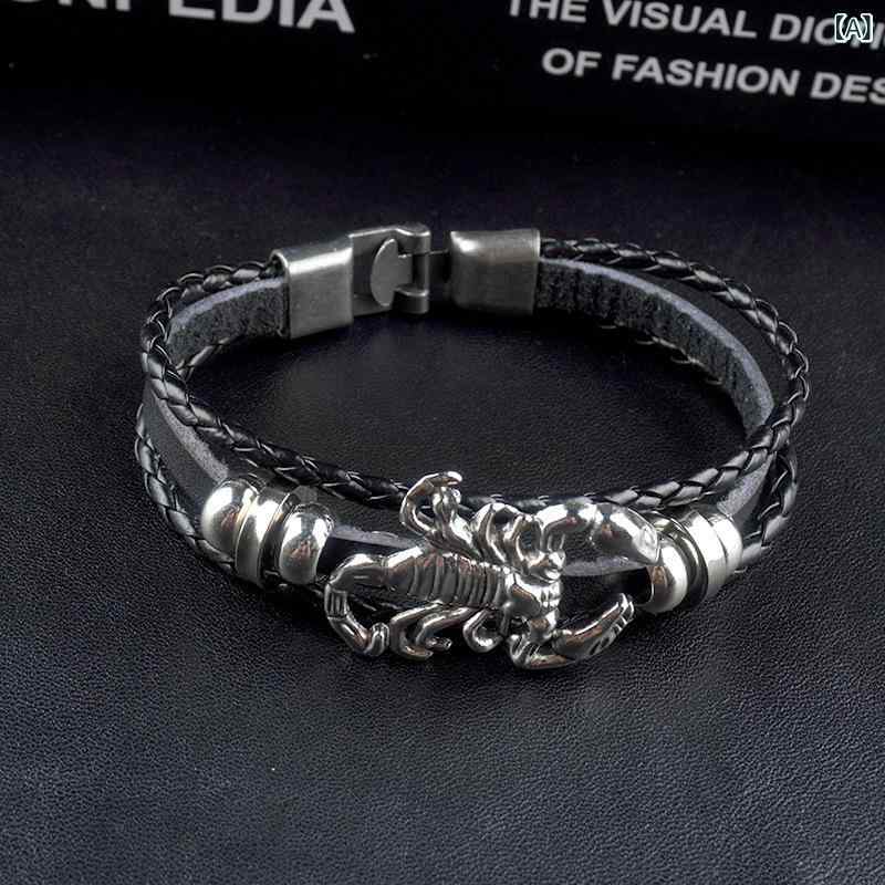 Jewelry, Accessories - ブレスレット 男性用 ブラック パンク レトロ ヴィンテージ 牛革 レザー 合金製 サソリ モチーフ ハンドメイド クール ストリートファッション 存在感 普段使い アクセサリー バングル(x3)