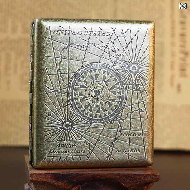 シガレットケース 男性用 青銅調 レトロ 金属製 彫刻花柄 フリップ式 20本収納 頑丈 耐衝撃 防塵 高級..