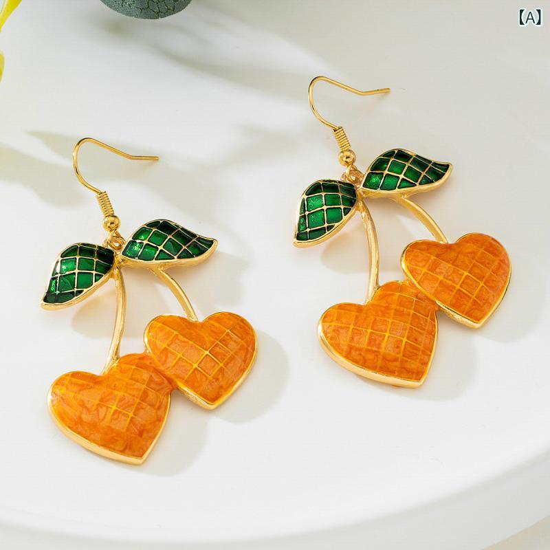 ピアス レディース エナメル加工 チェリー サクランボモチーフ かわいい ユニークデザイン 軽量 上品 普段使い お出かけ スタッド ドロップピアス イヤリング 合金 オレンジ レッド