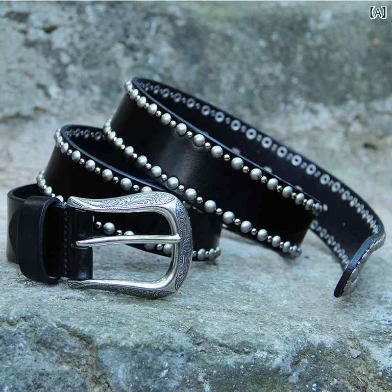 ベルト レディース 女性用 本革 レザー 牛革 スタッズ 鋲 リベット 個性的 韓国風 レトロ シンプル カジュアル モード ブラック 黒 万能 多用途 普段使い ウエストマーク 合金バックル