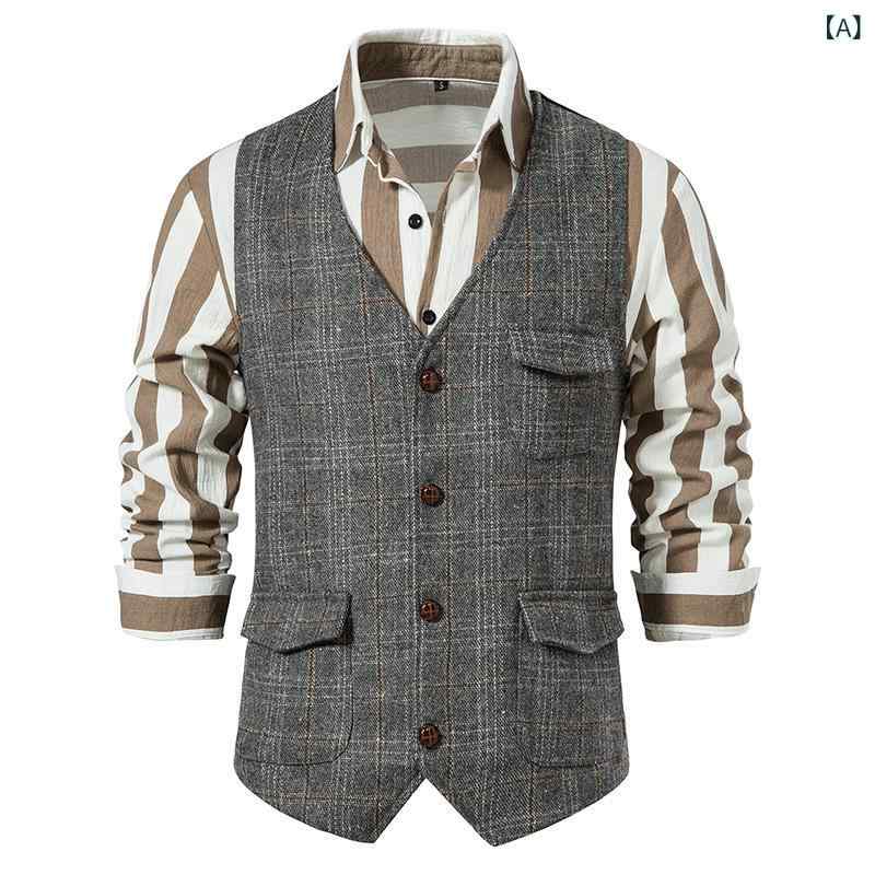 Vests - ベスト メンズ 男性用 ツイード チェック柄 レトロ ヴィンテージ Vネック アメカジ ブリティッシュ スーツベスト 大きいサイズ ビッグサイズ ジレ カジュアル ビジネス シングルボタン グレー ブラック カーキ
