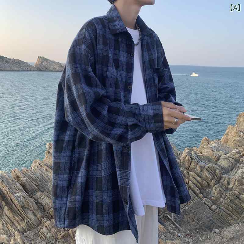 シャツ メンズ レトロ ストリート カジュアル チェック柄 長袖 ゆったり ビッグシルエット トップス 羽織り 綿混素材 通気性 吸湿速乾 ウォッシャブル イージーケア 普段使い 春秋