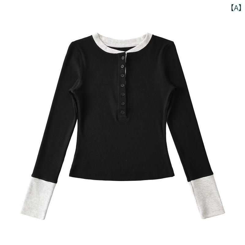 Garments - Tシャツ レディース アメリカンスパイシーガール 個性的 Vネック バイカラー 切り替え スリムフィット 着痩せ効果 インナー カットソー 長袖 秋冬 デイリーユース 伸縮性 ポリエステル ニット