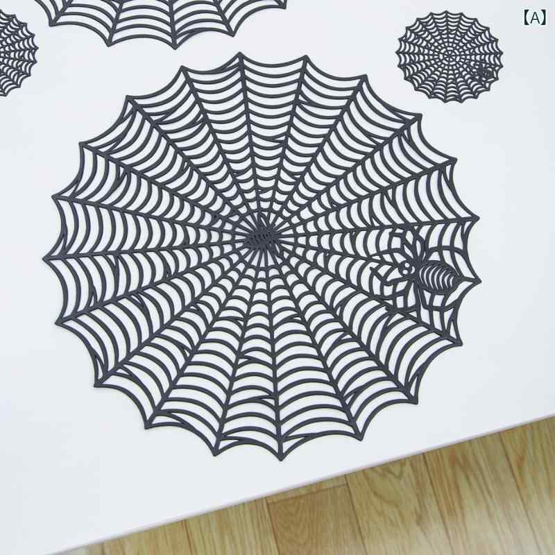 ランチョンマット クモの巣 透かし彫り 黒 ブラック PVC テーブルマット プレイスマット 断熱 耐熱 滑..