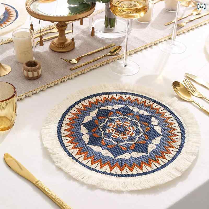 ランチョンマット ボヘミアンスタイル 円形 コットン 綿 編み込み フリンジ プリント柄 布製 家庭用 上..