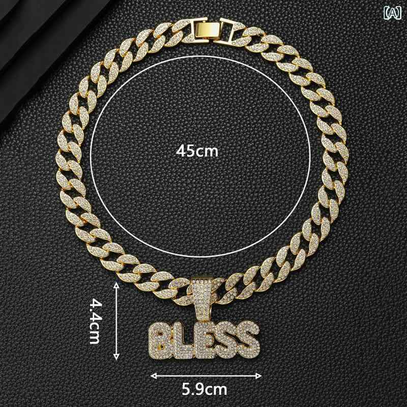 ネックレス 男女兼用 ヒップホップ ストリート 個性的 合金製 電気メッキ加工 BLESS アルファベット ロングペンダント ゴールド シルバー キューバンチェーン アクセサリー(x5)