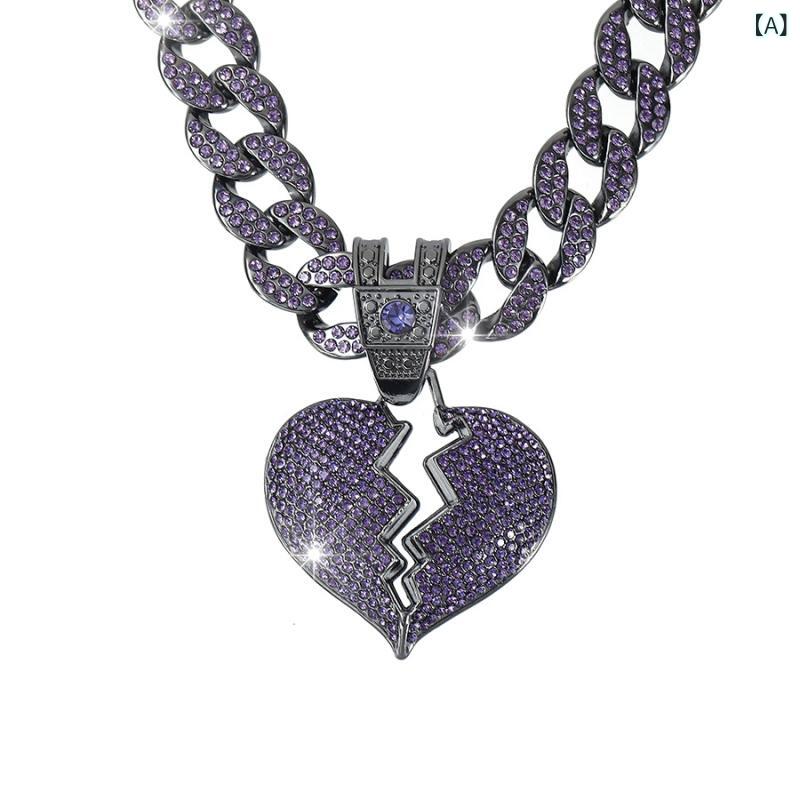 ネックレス 男女兼用 欧米風 ストリート ヒップホップ ファッション アクセサリー ジュエリー 紫色 パープル ハート クラッシュハート ジルコニア 満載 キューバンチェーン ペンダント 合金(x2)