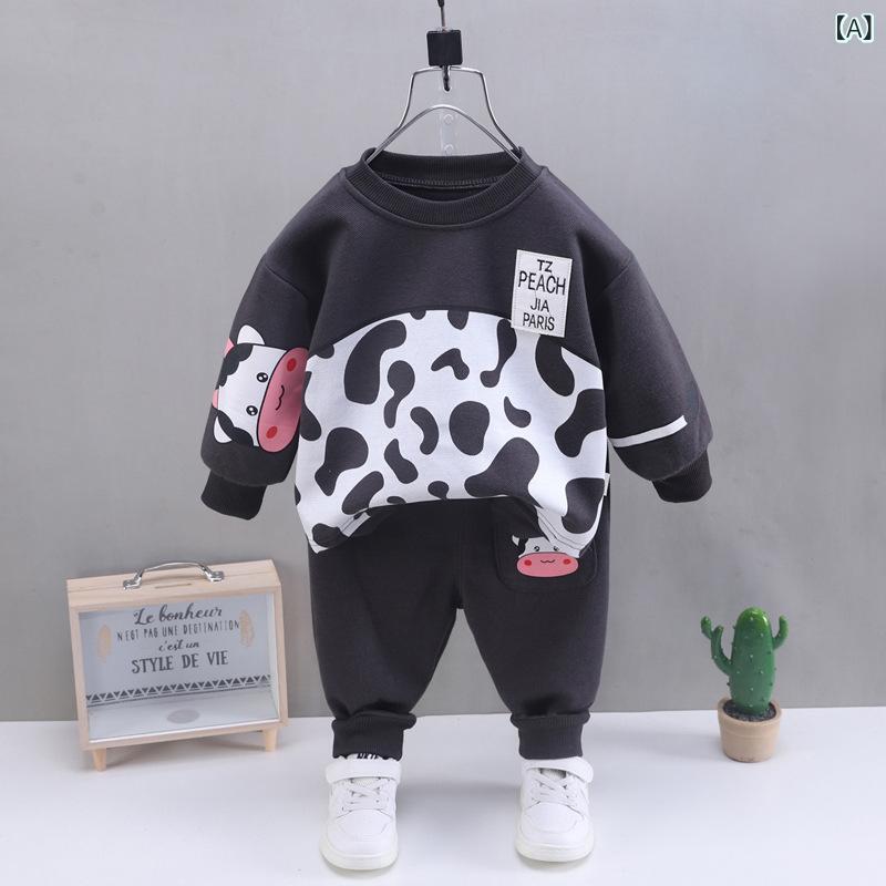 ・カテゴリ: 子供服セット・性別: メンズ・スタイル: 韓国風・セット内容: トップス、パンツ（2点セット）・対象年齢: ベビー・トドラー（1～3歳、身長80～100cm）・袖丈: 長袖・パンツ丈: ロングパンツ・生地加工: シェアリング、柔軟加工、酵素洗い・厚み: 普通・柄: アニマル、キャラクター、ロゴ・主な素材: 綿・素材比率: 綿 95%・安全基準: B類・留め具の種類: プルオーバー・カラー展開: 牛柄、虎柄、ワニ柄・サイズ展開: 80cm、90cm、100cm、110cm、120cm
