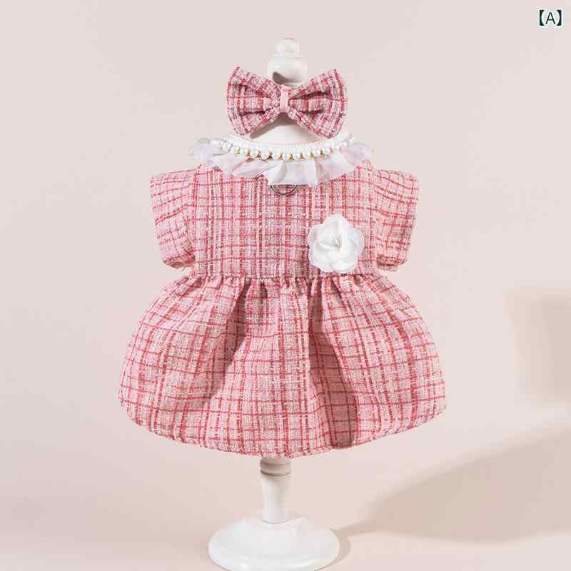 ペット服 猫用 かわいい 上品なツイード調 ワンピース 秋冬 キャットウェア パール襟 ドレス ポリエステル製 ピンク ブルー 女の子用 おしゃれ着