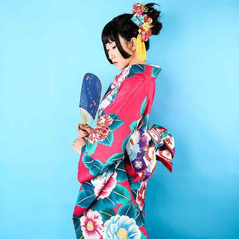 Full-Length Under-Kimono - 和服 レディース 女性用 中振袖 椿柄 ローズレッド 伝統的 華やか 上品 エレガント 結婚式 成人式 卒業式 お正月 着物 身丈160cm ポリエステル