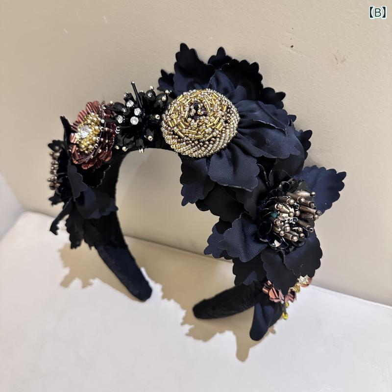 narukiのヘアアクセサリー レディース バロック風 アンティーク調 フラワーモチーフ フェミニン 上品 個性的 おしゃれ トレンド 小顔効果 ボリュームアップ クリスタル装飾 幅広 カチューシャ ヘッドバンド 春夏 アイボリー ブラック｜アングル2