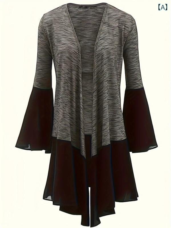 カーディガン レディース 秋 ポリエステル シフォン切り替え 長袖 ベルスリーブ ミドル丈 Vネック スリムフィット 配色デザイン カジュアル オフィス デイリーユース