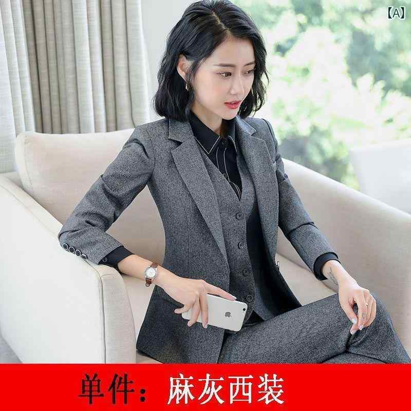 スーツ レディース 女性用 春夏 セットアップ ジャケット ノーアイロン 形状記憶 高級感 オフィス ビジネス 通勤 仕事 事務服 小柄 低身長 グレー ポリエステル素材 伸縮性 ロングパンツ 長袖(x2)