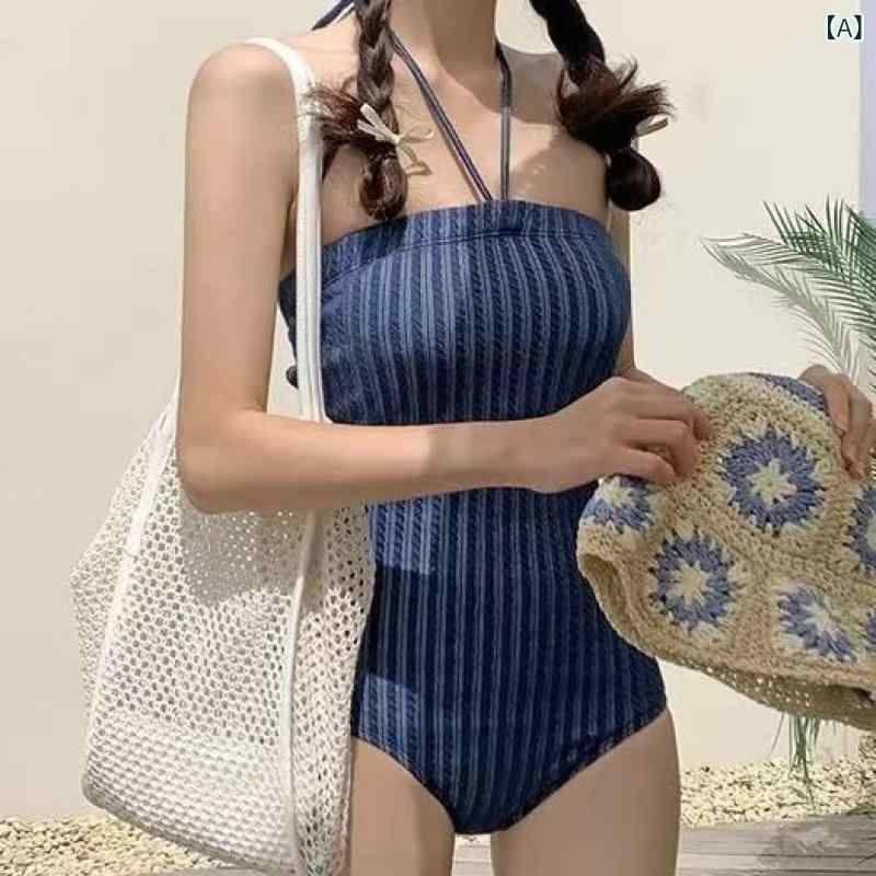 水着 レディース ワンピース 温泉 セクシー パッド付き ノンワイヤー チューブトップ 体型カバー 着やせ かわいい 無地 リゾート ストライプ ネイビー