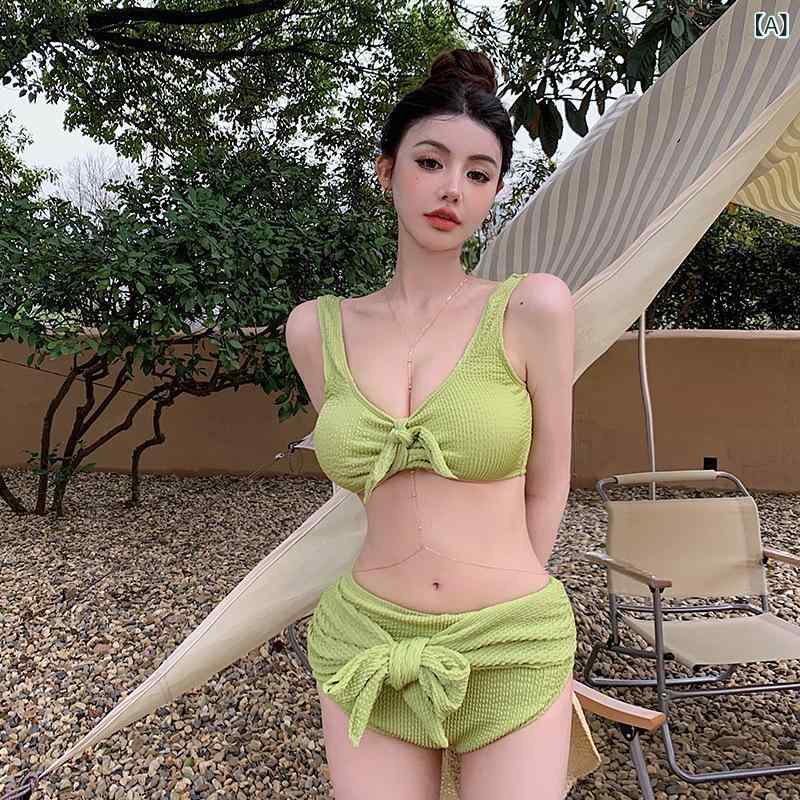 ビキニ レディース 水着 セパレート ハイウエスト 盛れる 胸パッド付き 露出控えめ 体型カバー セクシー シンプル 無地 ビーチ プール スイムウェア 緑