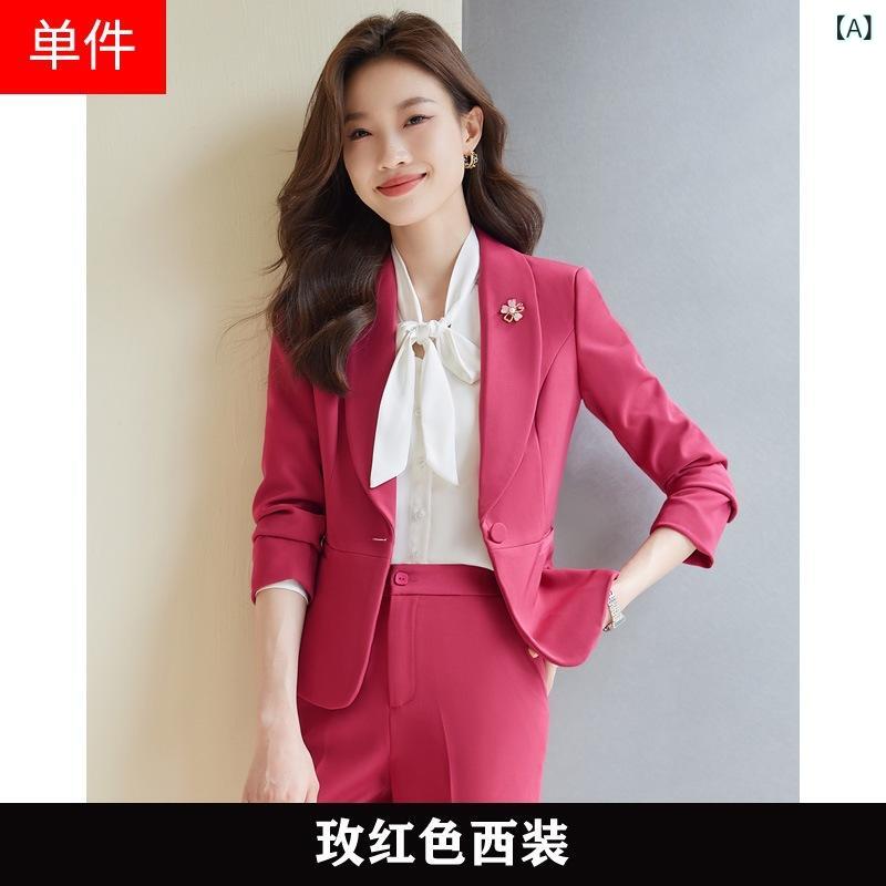 スーツ レディース 春秋 長袖 テーラードジャケット パンツスーツ セットアップ スリム オフィス ビジネス 通勤 エレガント 上品 事務服 九分丈 TR素材(x2)