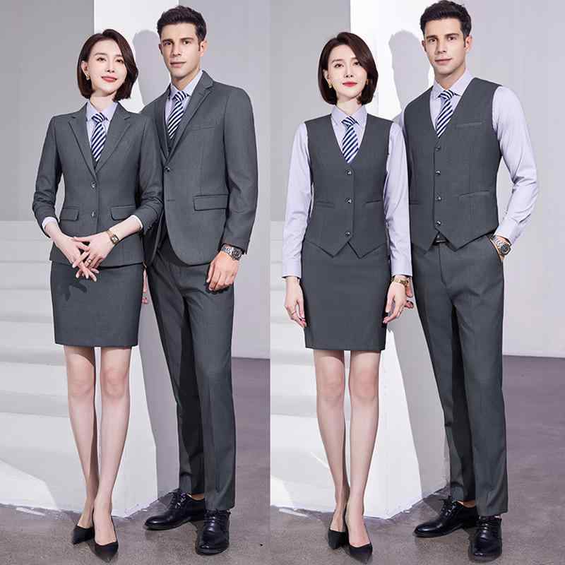 スーツ メンズ レディース グレー 春秋 ビジネス フォーマル オフィス 営業 事務 制服 ユニフォーム セットアップ ジャケット パンツスーツ スカートスーツ スリムフィット ノッチドラペル シングルブレスト 2ボタン サイドベンツ サージ アセテート(x2)