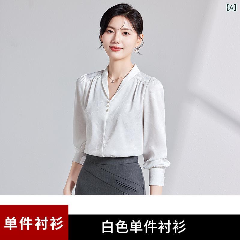 シャツ レディース Vネック 長袖 デザインブラウス トップス オフィス 通勤 普段使い カジュアル きれいめ 上品 秋冬 ポリエステル 無..