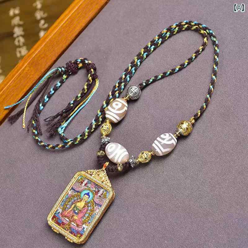 ネックレス チベット仏画 タンカ 釈迦牟尼仏 仏像 観音様 守護 開運 魔除け 編み込み紐 ロングペンダン..
