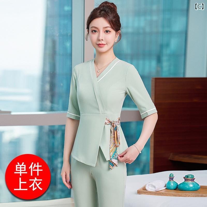 セットアップ レディース 施術師 技術者 美容師 エステティシャン ユニフォーム ワークウェア ホテル フットスパ サウナ マッサージ 美容院 エステサロン 業務 プロ用 七分袖 上下セット(x2)