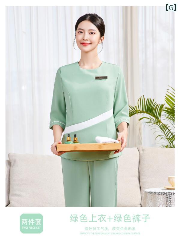 ユニフォーム レディース 高級感 美容 フットケア エステ スパ リラクゼーション チャイナ風 施術着 セラピスト服 セットアップ 上下セット 七分袖 長ズボン ストレッチ エレガント(x2)