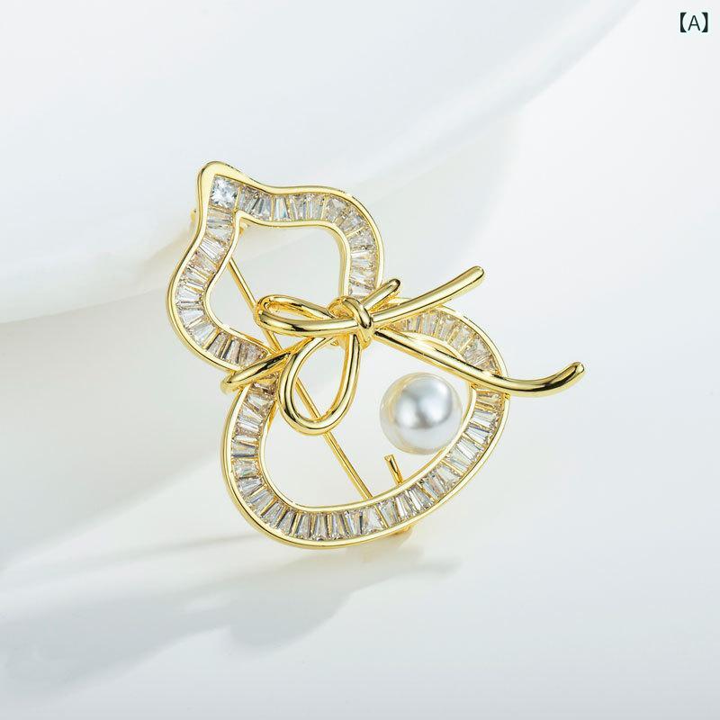 ブローチ レディース リボン ひょうたんモチーフ 個性的 ライトラグジュアリー 高級感 カジュアルフェミニン スーツ用 ジャケット用 ピン コサージュ 銅製(x2)