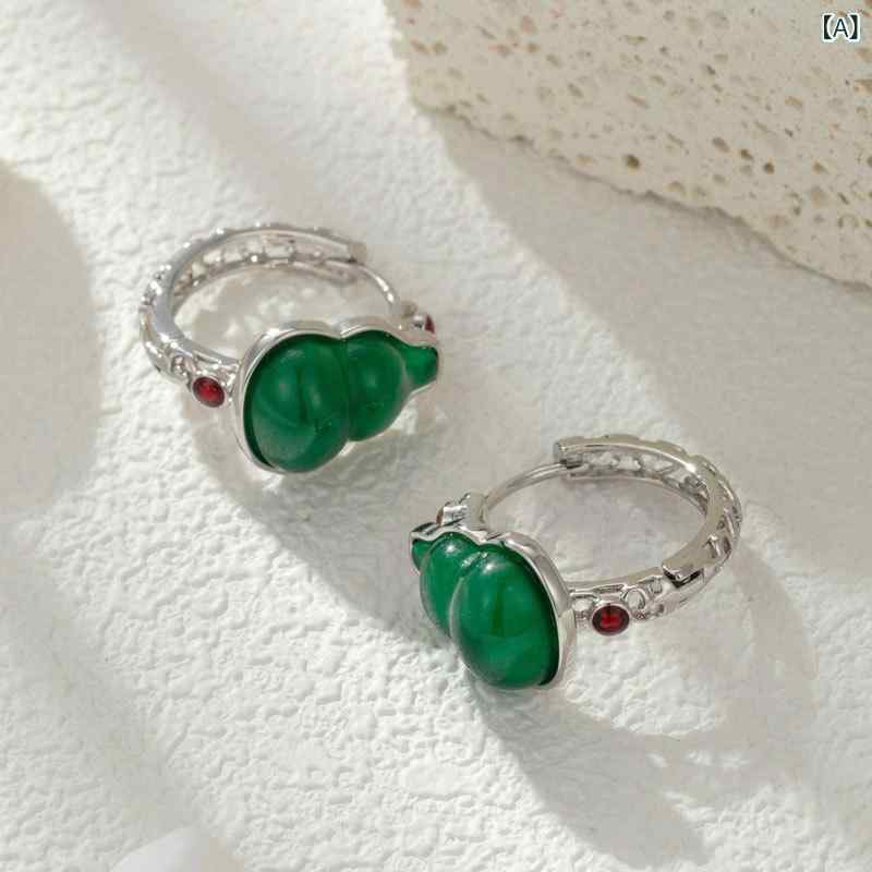 耳飾り レディース 新中華風 レトロ ひょうたんモチーフ 縁起物 開運 緑玉髄 グリーン 銅製 漢服 和装 ピアス イヤリング イヤーカフ 夏(4.0)