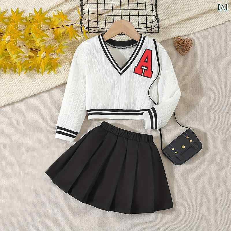 スカートセット 女の子 キッズ 子供服 幼児 園児 学院風 スクールルック Vネック ニット 長袖 プルオーバー プリーツ ミニスカート ポリエステル 柔らか素材 ロゴ かわいい トレンド 春秋 2点セット