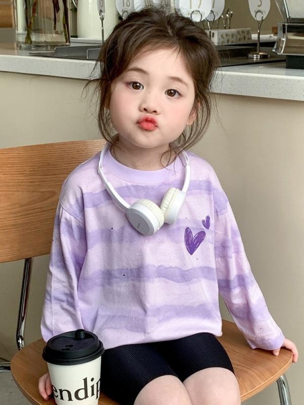 Tシャツ 女の子 ガールズ ベビー キッズ 春秋 ストライプ ハート柄 長袖 かわいい おしゃれ カジュアル 綿混紡 肌触り柔らか ラウンドネック 普段着