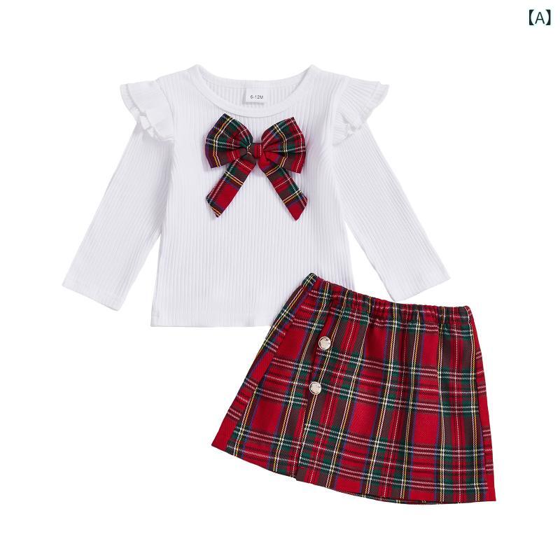 セットアップ キッズ 女の子 子供服 欧米風 スウィート かわいい リボン 長袖 トップス チェック柄 ショートスカート ツーピース 秋 冬 春 ワインレッド お出かけ着 カジュアル 柔らか 肌触り