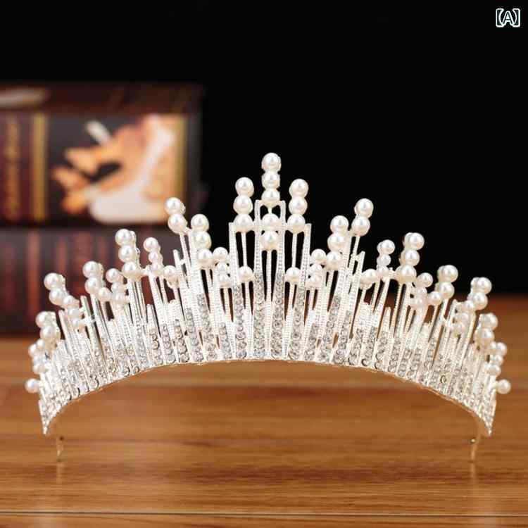 ヘッドドレス ティアラ 花嫁 ウェディング 結婚式 ラインストーン パール クラウン 髪飾り 前撮り 披露宴 韓国風 ゴージャス ホワイト 合金製