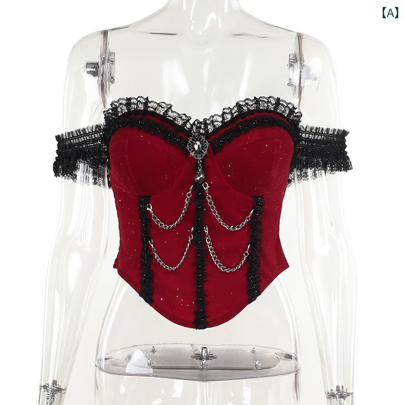 トップス レディース 秋冬 オフショルダー 宮廷風 レッド キラキララメ タイト ショート丈 ポリエステル エレガント セクシー ストレッチ ハロウィン(4.0)