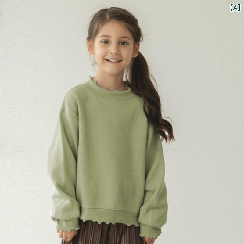 スウェット 女の子 ベビー キッズ 秋冬 無地 長袖 韓国風 かわいい 波型フリル リブ クルーネック 丸首 綿混紡 柔らか肌触り 普段使い 通園 通学 カジュアル トップス 女児 子供服 グレー グリーン ピンク
