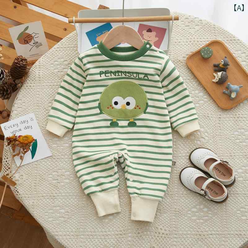 ロンパース ベビー 赤ちゃん 新生児 カバーオール つなぎ 長袖 秋冬 綿 ストライプ ボーダー 裏起毛 厚..