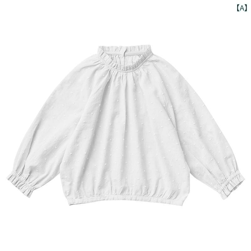 シャツ 女の子 春秋 レース スタンドカラー ドット柄 コットン100% ゆったり 長袖 かわいい カジュアル..
