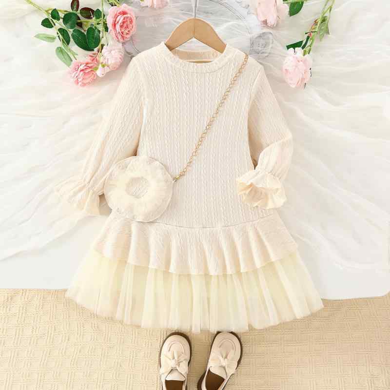 ワンピース 女の子 ニット チュール レース 切り替え オフホワイト アイボリー かわいい 長袖 ラウンドネック 子供服 ドレス Aライン 無地 柔らか素材 秋冬 カジュアル お出かけ ジュニア ポリエステル