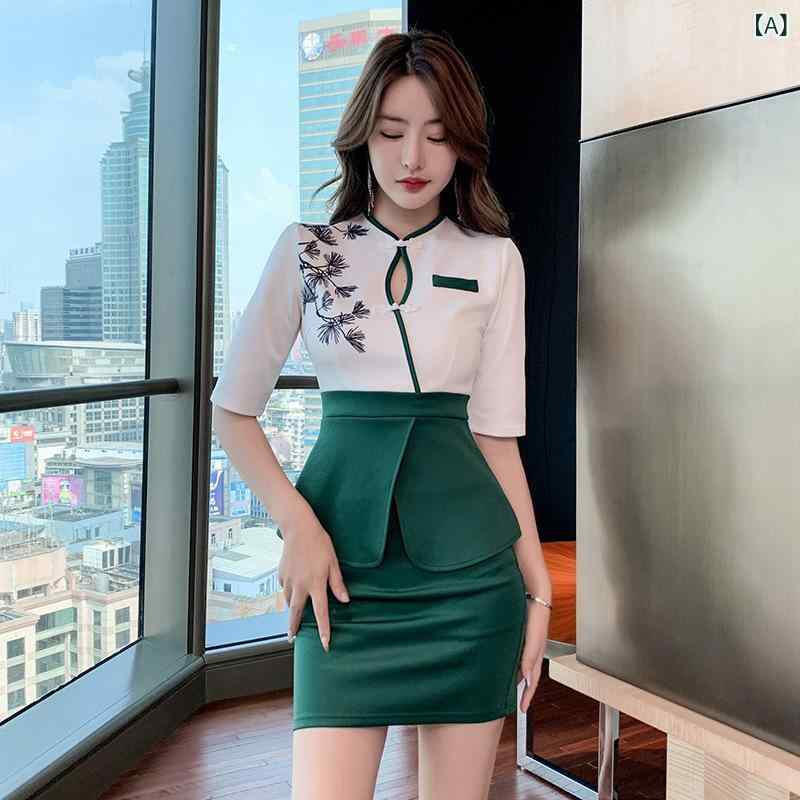 セットアップ 女性用 施術着 ユニフォーム エステ マッサージ フットケア スパ サウナ 美容院 リラクゼーション 吸湿速乾 ポリエステル ストレッチ グリーン 紺