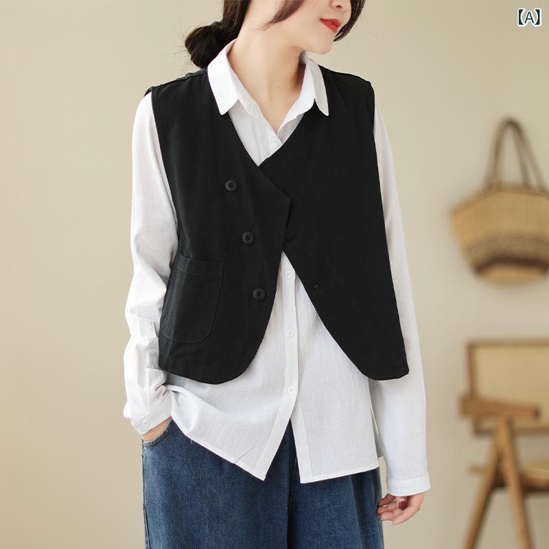 ベスト レディース 春秋 ジレ チョッキ 綿 麻 不規則デザイン 斜めボタン 前開き ミドル丈 レギュラーフィット カジュアル オフィス 通勤 きれいめ 上品 着回し 無地