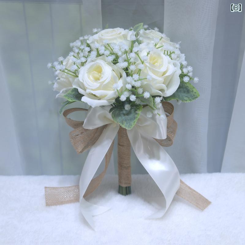 ブーケ ウェディング 捧花 ナチュラルテイスト 造花 アートフラワー シルクフラワー バラ ローズ 結婚式 ブライダル 前撮り 記念写真 インテリア 華やか エレガント ホワイト アイボリー シャンパン ダスティピンク ブルー