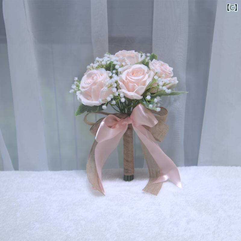 ブーケ ウェディング 捧花 ナチュラルテイスト 造花 アートフラワー シルクフラワー バラ ローズ 結婚式 ブライダル 前撮り 記念写真 インテリア 華やか エレガント ホワイト アイボリー シャンパン ダスティピンク ブルー