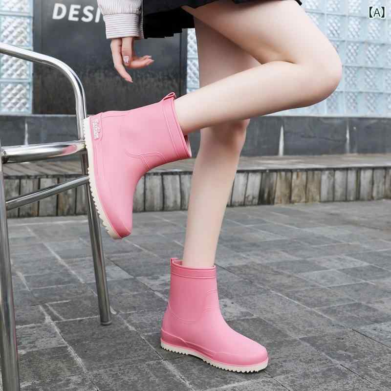 レインシューズ レディース 女性用 ミドル丈 滑り止め 防水 おしゃれ ファッション 日本風 無地 低ヒール PVC ラバー ピンク グレー アイボリー ブラック ベージュ 洗車 庭仕事 買い物 厨房 飲食店 普段使い