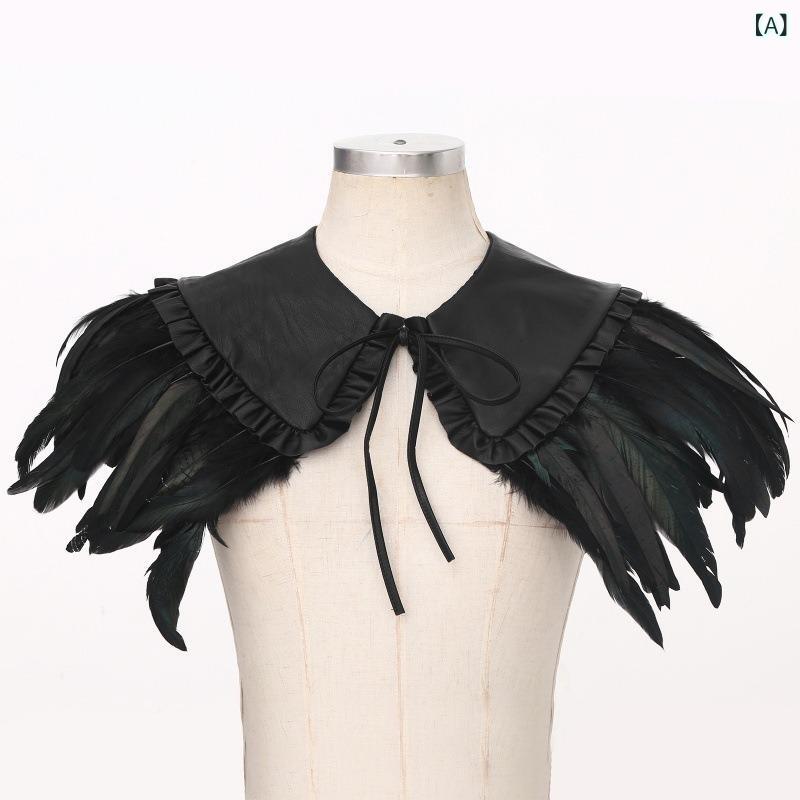 Shawl - ショール ゴシック フェザー ハロウィン コスプレ 衣装 仮装 パーティー イベント 舞台 発表会 フェイクフェザー リボン 紐 肩掛け ブラック サテン ポリエステル 欧米ファンタジー フリーサイズ(x2)