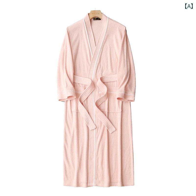 バスローブ 男女兼用 カップル タオル地 ポリエステル 厚手 吸水性 通気性 コットンライク Vネック ロング丈 長袖 ルームウェア ナイトガウン お風呂上り リラックス 快適 ワンマイルウェア オールシーズン