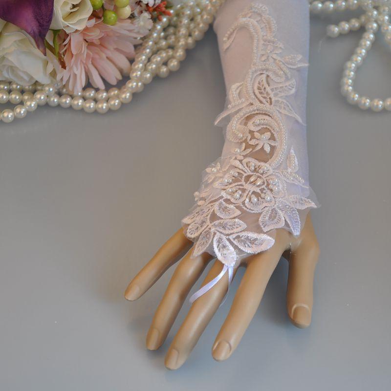 手袋 レディース ブライダル ウエディング グローブ 結婚式 披露宴 ロング丈 レース 刺繍 ビーズ 指なし フィンガーレス 白 ホワイト アイボリー(x2)