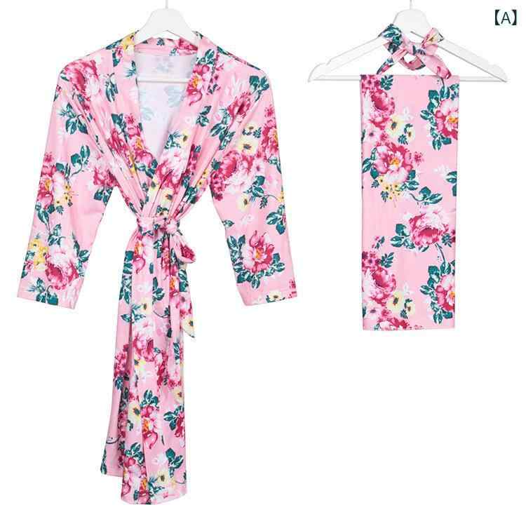 ルームウェア マタニティ 産前産後 ガウン 寝巻き パジャマ ベビー おくるみ ヘアバンド 3点セット 紐付き 前開き 七分袖 ポリエステル 花柄 ピンク 白 紫